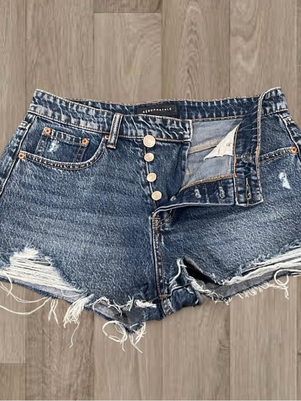 Aeropostale Distressed Dark Blue Button-Front Jean Shorts